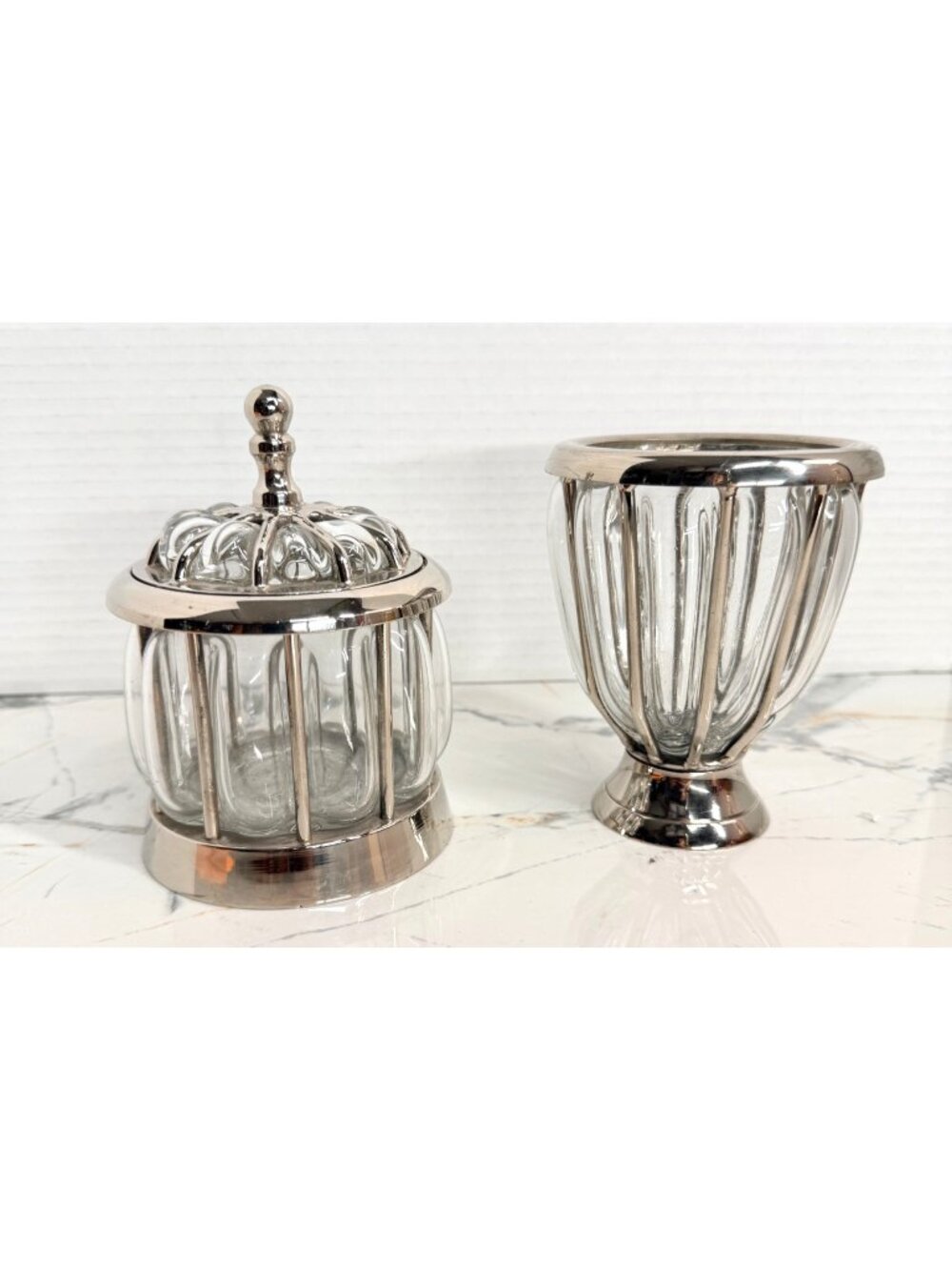 Vintage Silver Caged Bubble Glass Apothecary Jar & Matching Footed Vase Set